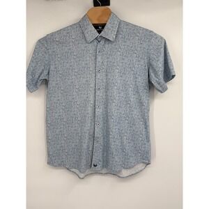 Buttercloth Shirt Mens XL White Blue Geometric Button Up Short Sleeve‎ Stretch